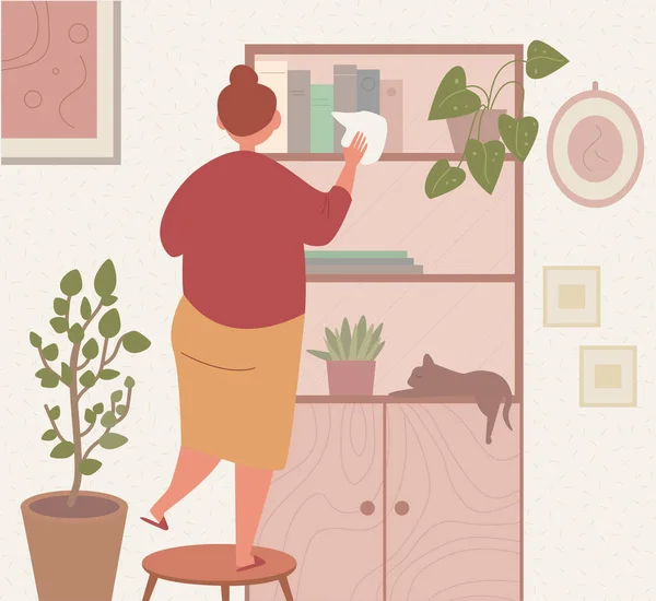 La mujer está limpiando la casa Vector. Dibujos animados. Aislado — Archivo Imágenes Vectoriales