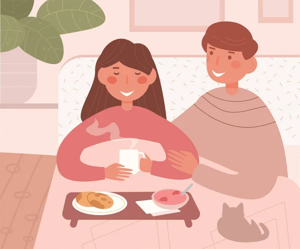 Petit déjeuner au lit Jeune couple Vector. Caricature. Art isolé . — Image vectorielle