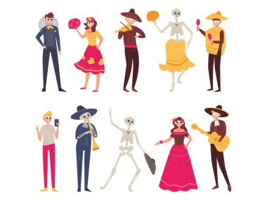 Cadılar Bayramı set kostümleri Dia de los muertos Vector. Çizgi film. Beyaz arka planda izole sanat eserleri. Düz