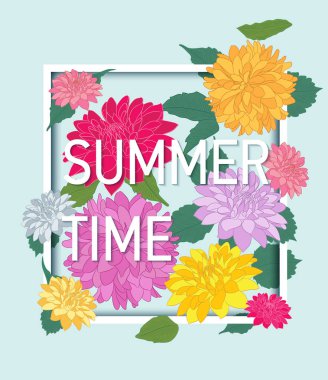 Yaz saati poster sınır renkli çiçekler ve yapraklar üzerinde mavi arka plan ile. Vektör tasarımı