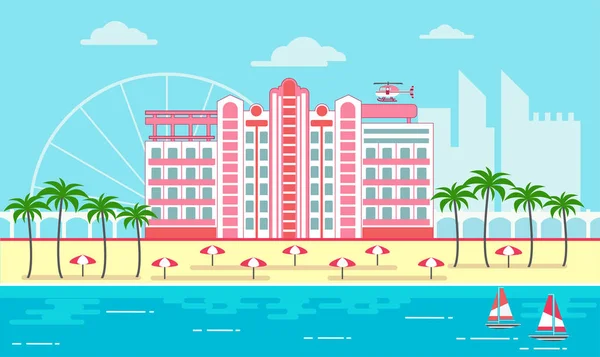 棕榈树 游艇和海滨度假城市 矢量平面设计 — 图库矢量图片