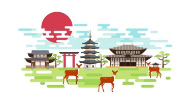 Nara Parkı yaz, yatay, pagoda, Tapınak, yakın kapı, kırmızı güneş, geyikler ve yeşil ağaçlar. Turizm Japonya. Vektör tasarımı.