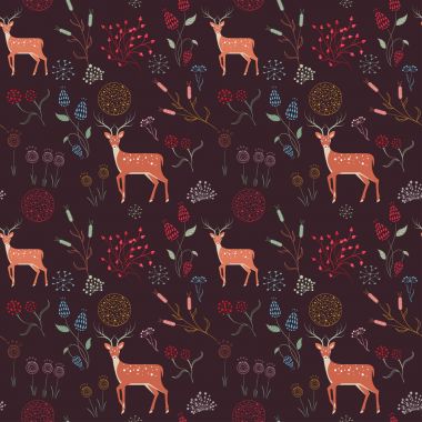 Yaz çiçekler, meyveler ve geyikler ile seamless renkli modeli. Vektör kumaş tasarımı