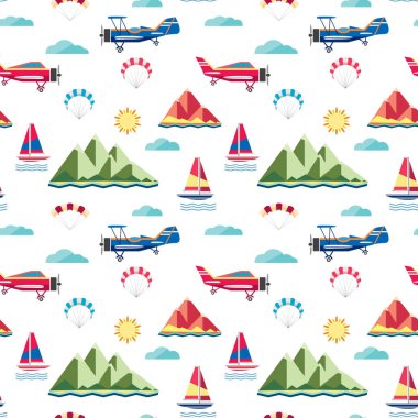 Uçaklar, paraşüt, Yamaçparaşütü, bulutlar, yat, dağlar Adası ve beyaz arka plan üzerinde güneş ile Seamless Modeli. 