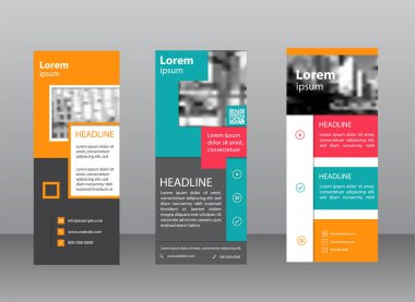 Standee tasarım koleksiyonu. İş tasarımı ile turuncu, kırmızı ve yeşil blok rulo. Arka plan geometrik banner şablon. Vektör şablonları kümesi