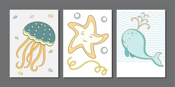 Cumprimentando Cartões Bonitos Com Estrela Mar Baleia Água Viva Personagem — Vetor de Stock