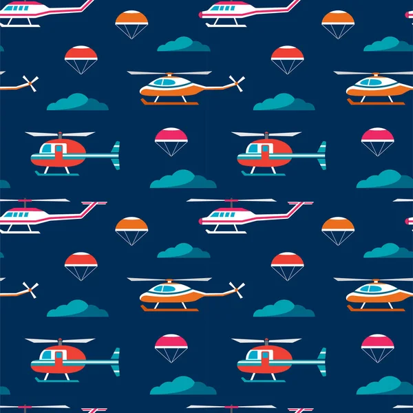Seamless Pattern Helicopter Parachute Clouds Deep Blue Background Vector Design — Stock Vector