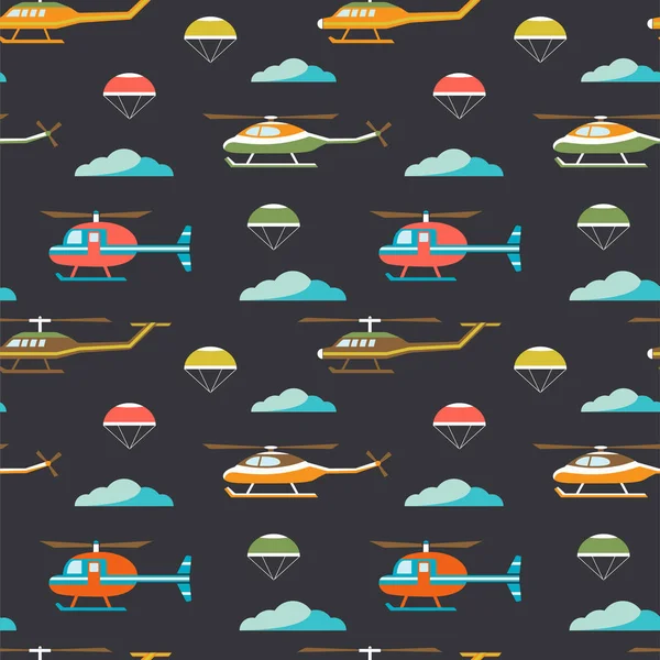 Seamless Pattern Helicopter Parachute Clouds Gray Background Vector Design — Stock Vector