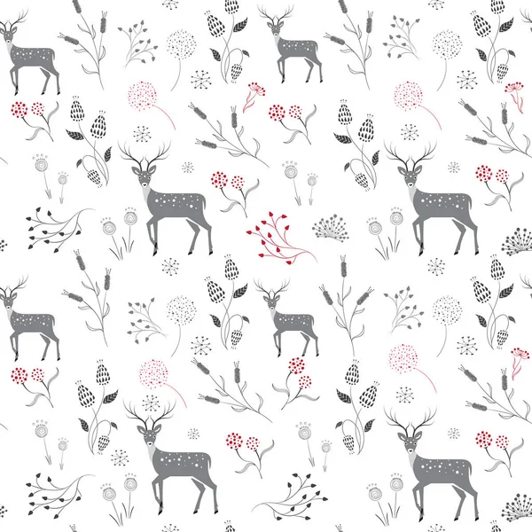 Seamless Pattern Flowers Leaves Berries Deers Vector Fabric Design — Stock Vector