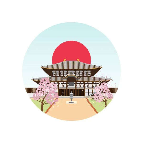 Nara Park Spring Landscape Wooden Shrine Cherry Blossom Sakura Trees — Stock Vector