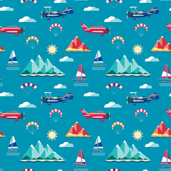 无缝的模式与飞机 降落伞 山岛和太阳的蓝色背景 — 图库矢量图片