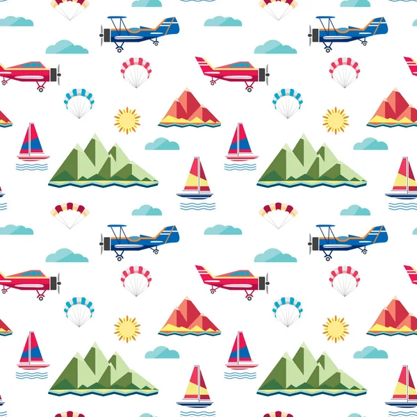 Seamless Pattern Planes Parachute Paraglider Clouds Yacht Mountains Island Sun — Stock Vector