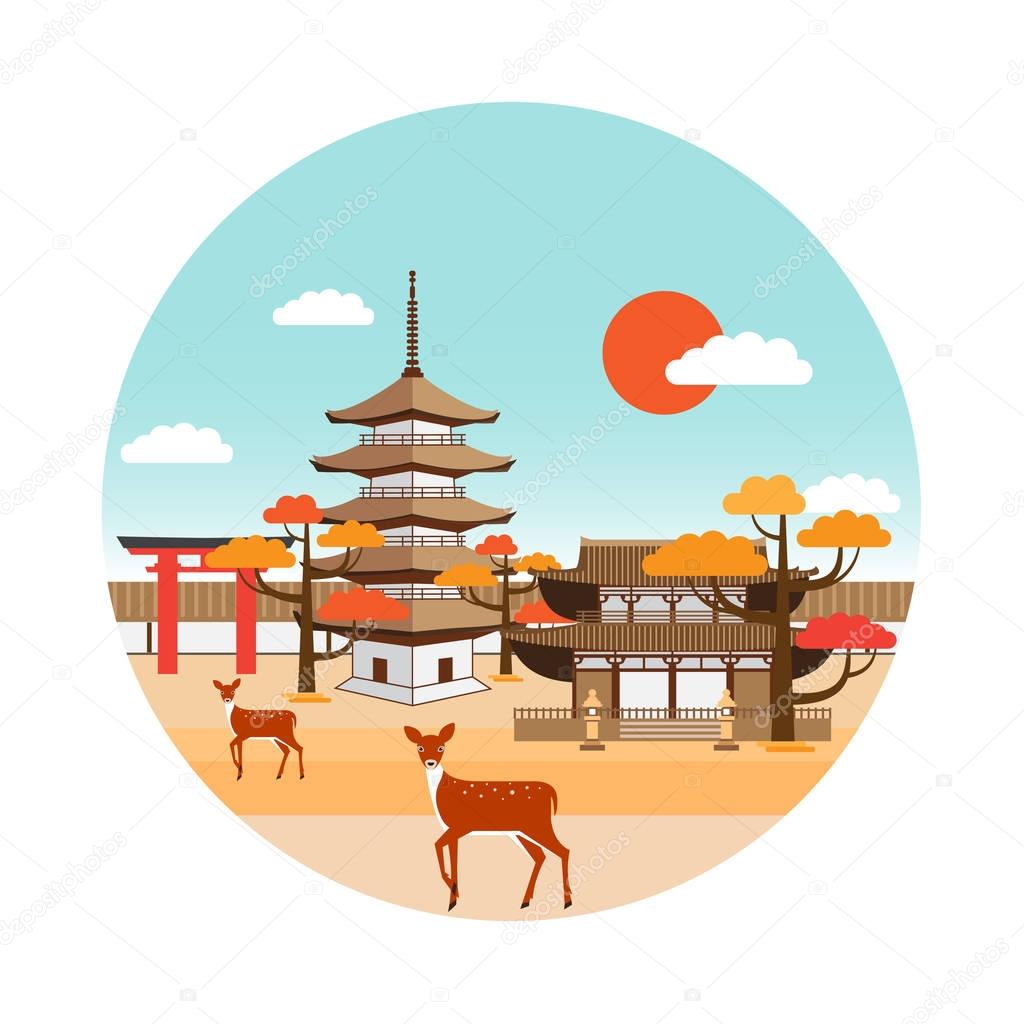 Nara park autumn landscape with pagoda, shrine, torii gate, deers and red foliage trees. Tourism in Japan. Vector design.