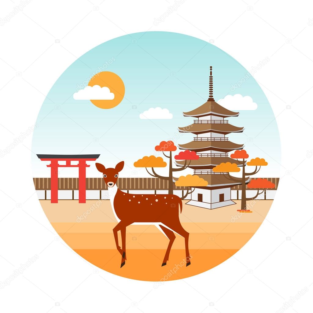 Nara park autumn landscape with pagoda, shrine, torii gate, deers and trees. Tourism in Japan. Vector design.