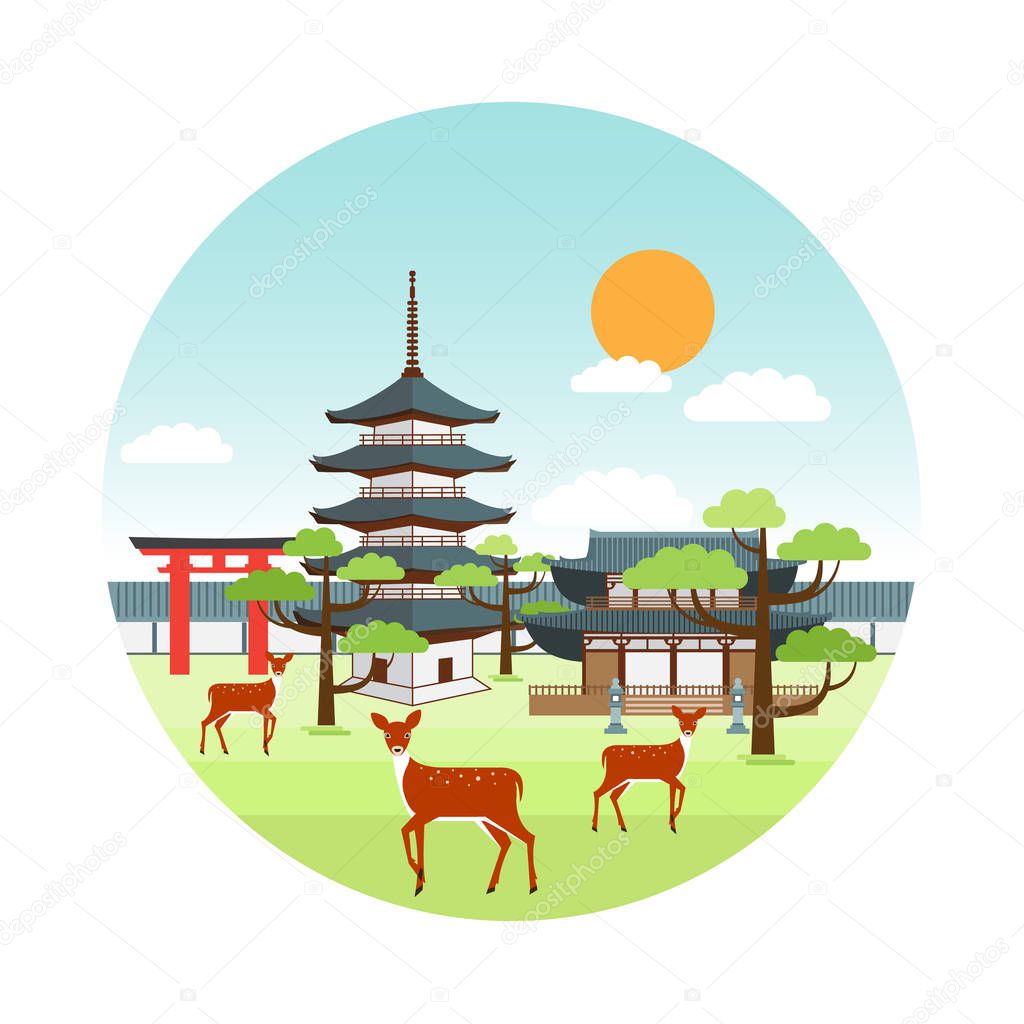 Nara park summer landscape with pagoda, shrine, torii gate, deers and green trees.  Tourism in Japan. Vector design.