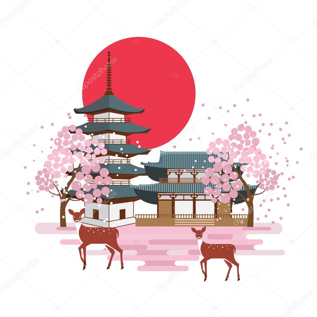 Nara park spring landscape with pagoda, shrine, deers and cherry blossom sakura trees.   Tourism in Japan. Vector design.