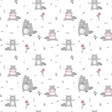  Beyaz arka plan üzerinde şirin rakunlar ile vektör seamless modeli