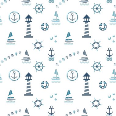Yatlar, deniz feneri, ip, ile mavi renklerde kesintisiz deniz desen tutturur beyaz arka plan üzerinde. 