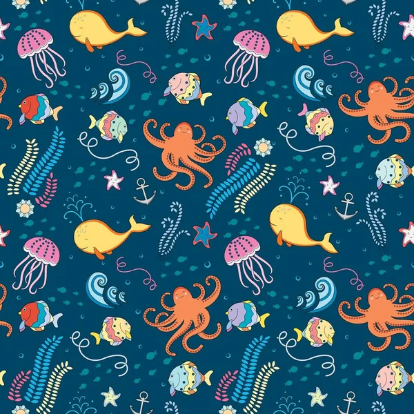 Seamless Marine World Pattern Fish Octopus Jellyfish Starfish Anchor Seaweed — Stock Vector