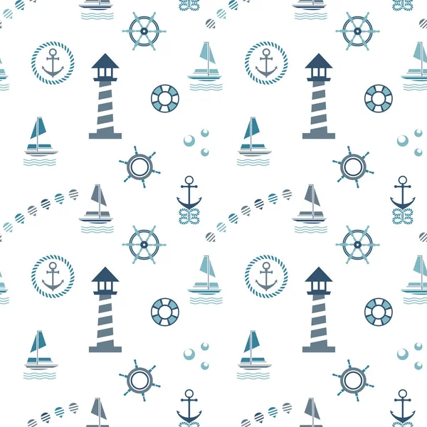 Seamless Marine Pattern Blue Colors Yachts Lighthouse Rope Anchors White — Stock Vector