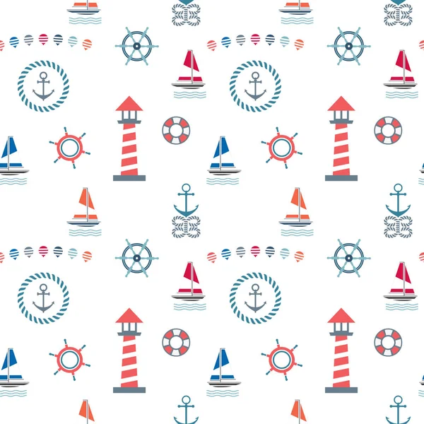 Seamless Colorful Marine Pattern Yachts Lighthouse Rope Anchors White Background — Stock Vector
