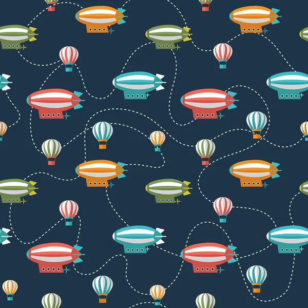 Nahtloses Muster Mit Zeppelinen Und Luftballons Auf Tiefblauem Hintergrund Stoffdesign — Stockvektor