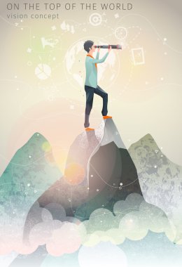  man on the top of mountain with telescope in his hands clipart