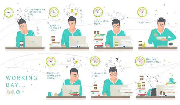 Concepto de un día laborable de empleado de oficina — Vector de stock