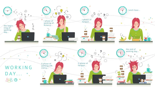 Concept of one working day of office employee — Stock Vector