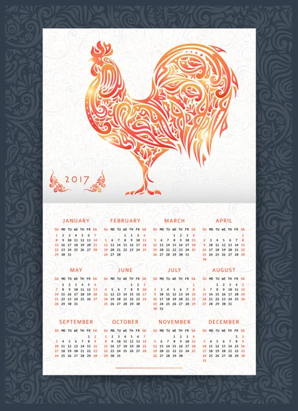 Szablon kalendarza z wzorzystym kogutem — Wektor stockowy