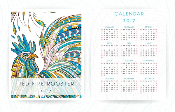 Calendar template with patterned rooster — Stock Vector