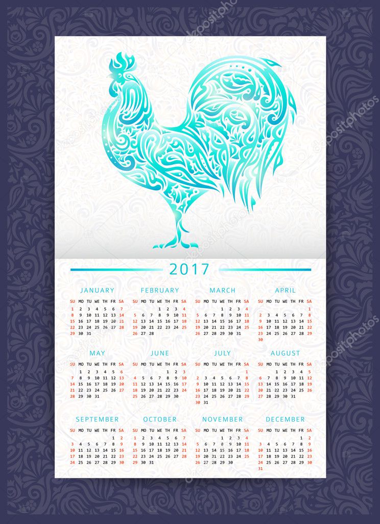 Calendar template with patterned rooster