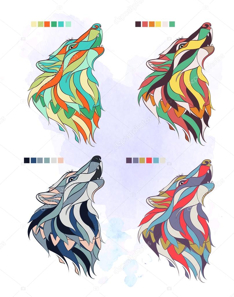 Set of colored wolf heads