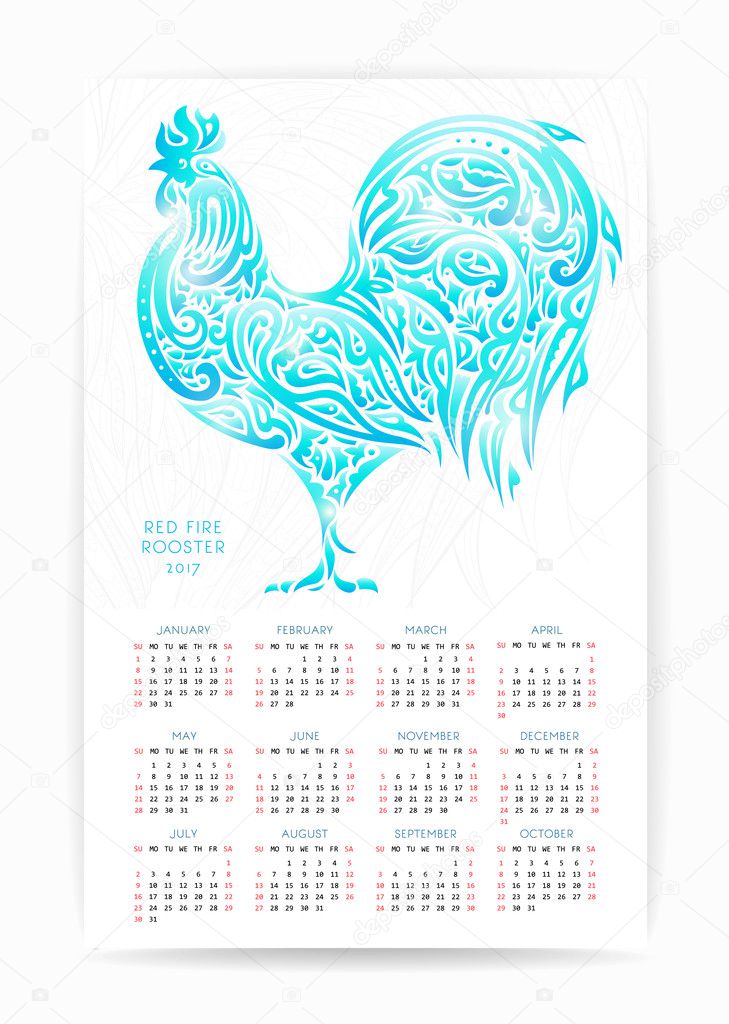 Calendar template with patterned rooster