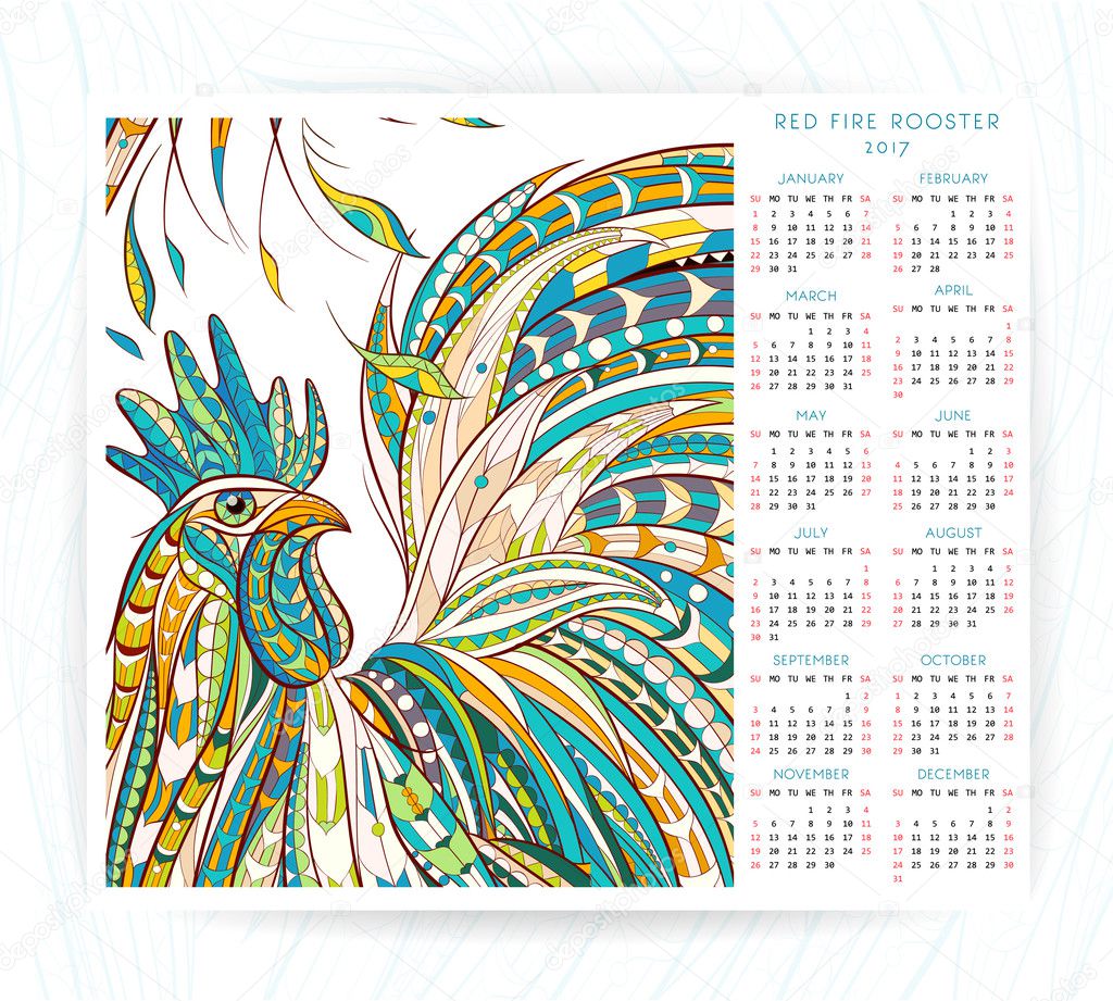 Calendar template with patterned rooster Stock Vector Image by