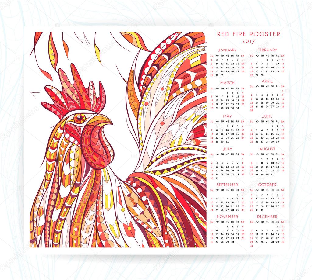 Calendar template with patterned rooster