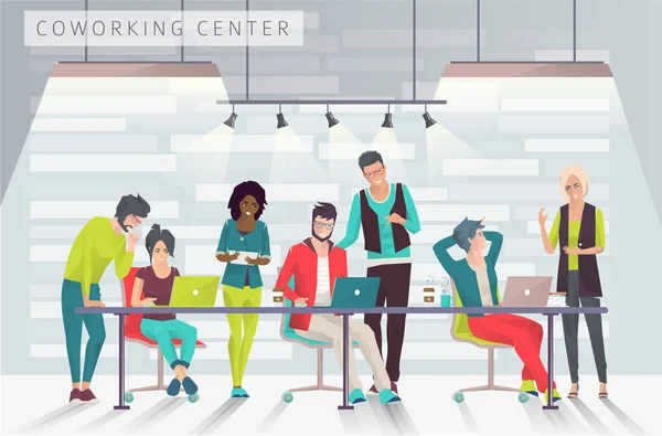 Männer und Frauen im Coworking Center — Stockvektor