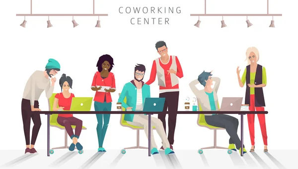 Mężczyźni i kobiety w coworkingowa centrum — Wektor stockowy