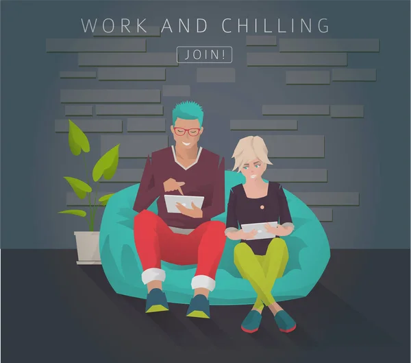 Man and woman work and chilling — Stock Vector