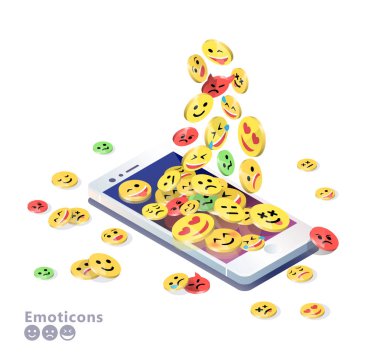 Isometric design with mobile phone and emoticons clipart