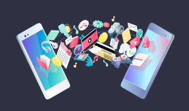 Akıllı telefonlar arasında değişiminin izometrik tasarım