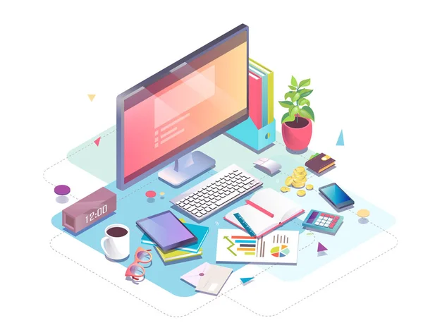 Isometric design of workplace with computer — Stock Vector