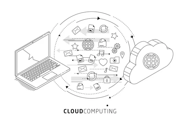 Scambio di informazioni tra cloud e laptop — Vettoriale Stock