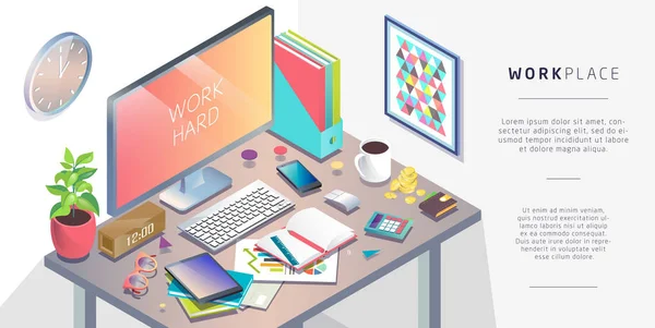 Isometric design of workplace with computer — Stock Vector