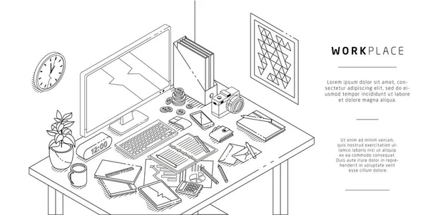 Isometrische ontwerp van werkplek met computer — Stockvector
