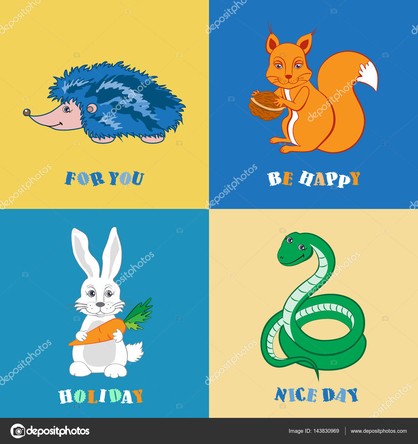 Istrice animale del fumetto di foresta scoiattolo serpente coniglio isolato su sfondo colorato con testo Vector doodle Character design per invitare i