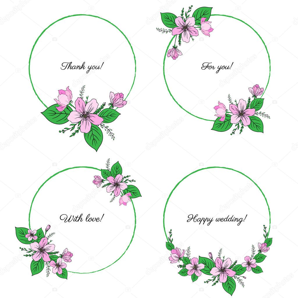 Apple Blossom Flower Bud Leaves Branch Vector Colorful Botanical Sketch Hand Drawn Isolated On White Vintage Romantic Round Frame Wreath For Greeting Card Wedding Invitations Cosmetic Design Premium Vector In Adobe