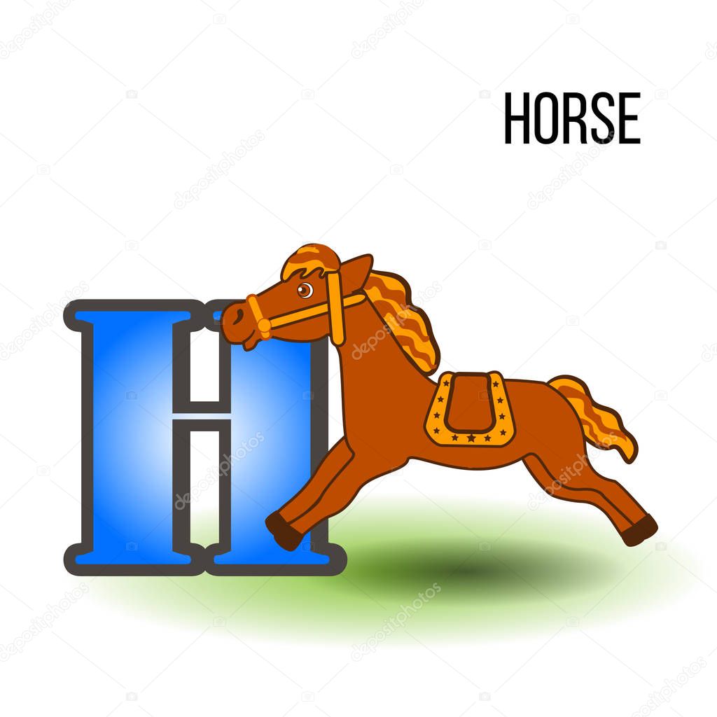 Cute Zoo alphabet H with cartoon horse, domestic kid animal vector
