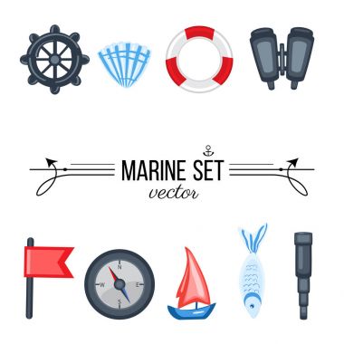 Marine set red flag, steering wheel, compass, ship, seashell, fish, binoculars, spyglass isolated on white background, decorative vector sea colorful elements for design advertising, greeting card