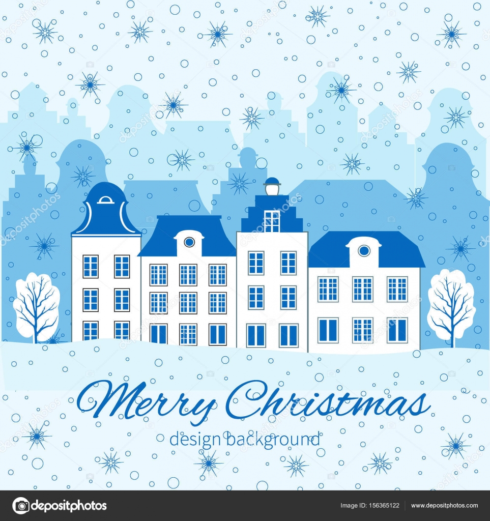 Stile cartoon di Natale cartolina d auguri di nuovo anno con europea pittoresco edificio fiocco di neve albero e spazio per il vostro testo